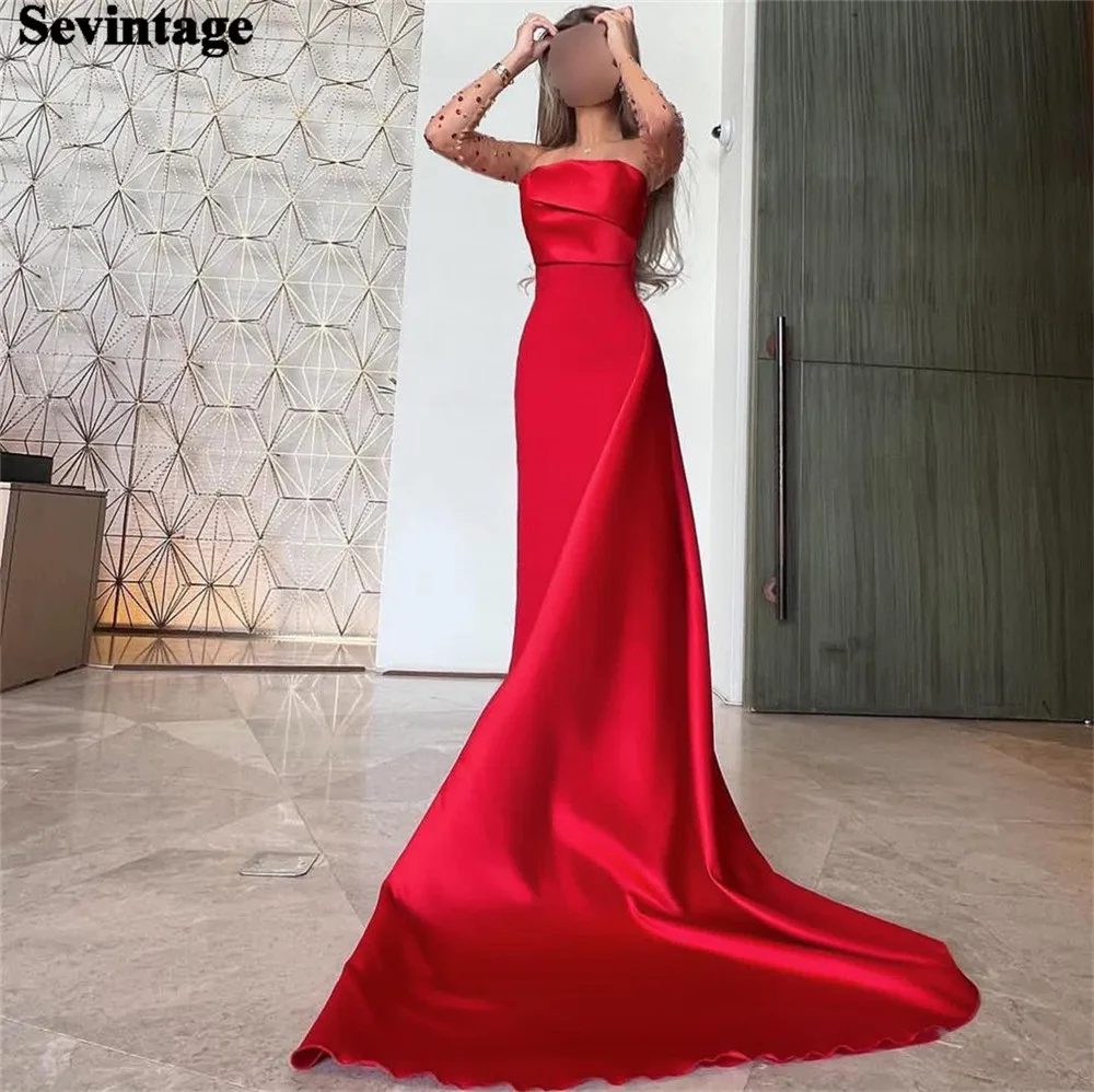 

Sevintage Noble Red Saudi Arabia Prom Dresses Mermaid Strapless Pleated Simple Formal Evening Dresses Women Party Gowns 2024