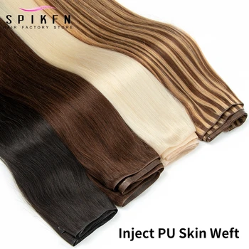 SPIKFN Long Tape Weft Hair Extensions 12"-22" Thin PU Skin Weft Human Hair Weaves Natural Straight Invisible Hair Bundle No Glue