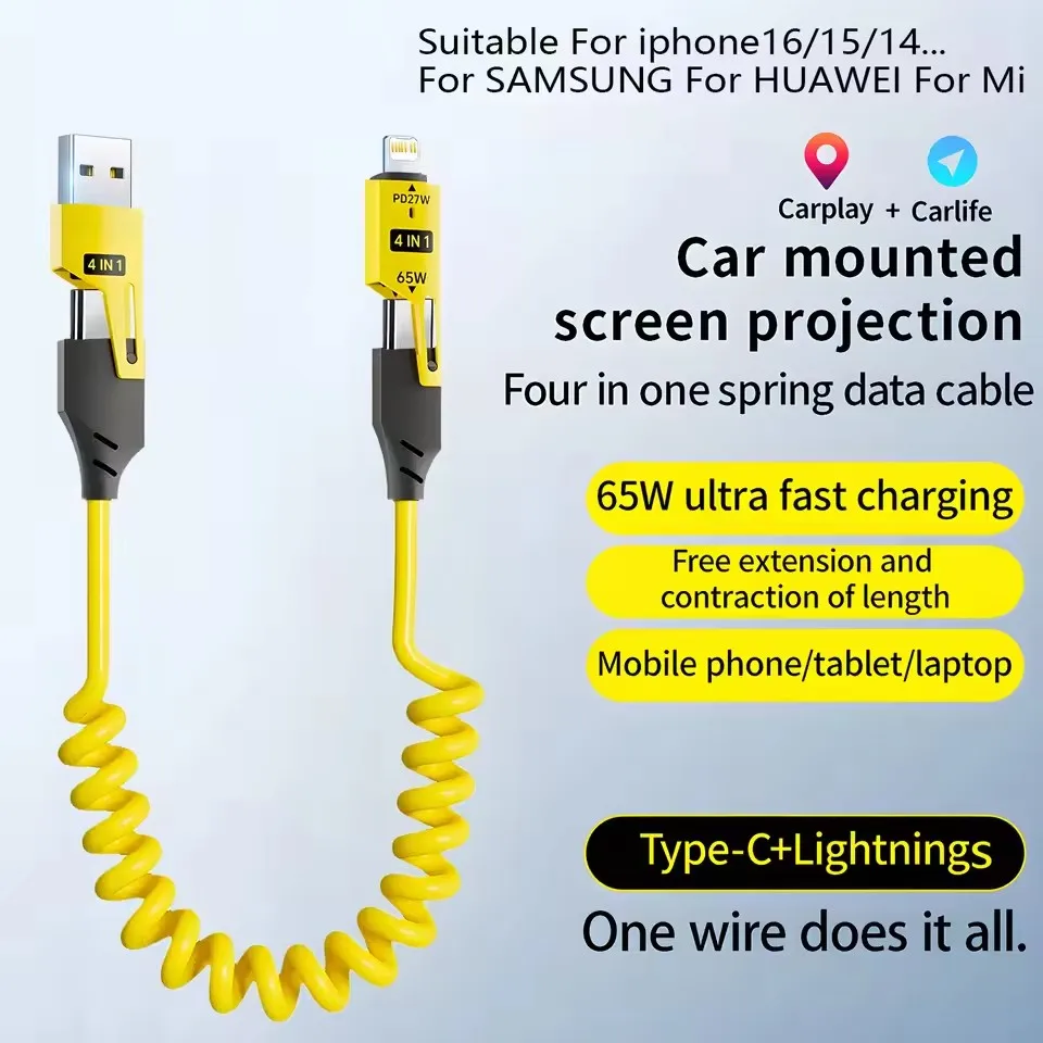 NNBILI 65W 4 in 1 스프링 숏 데이터 케이블 6A USB 타입 C 스프링 텔레스코픽 퀵 충전 케이블 스프링 USB 케이블 (아이폰, 삼성용)