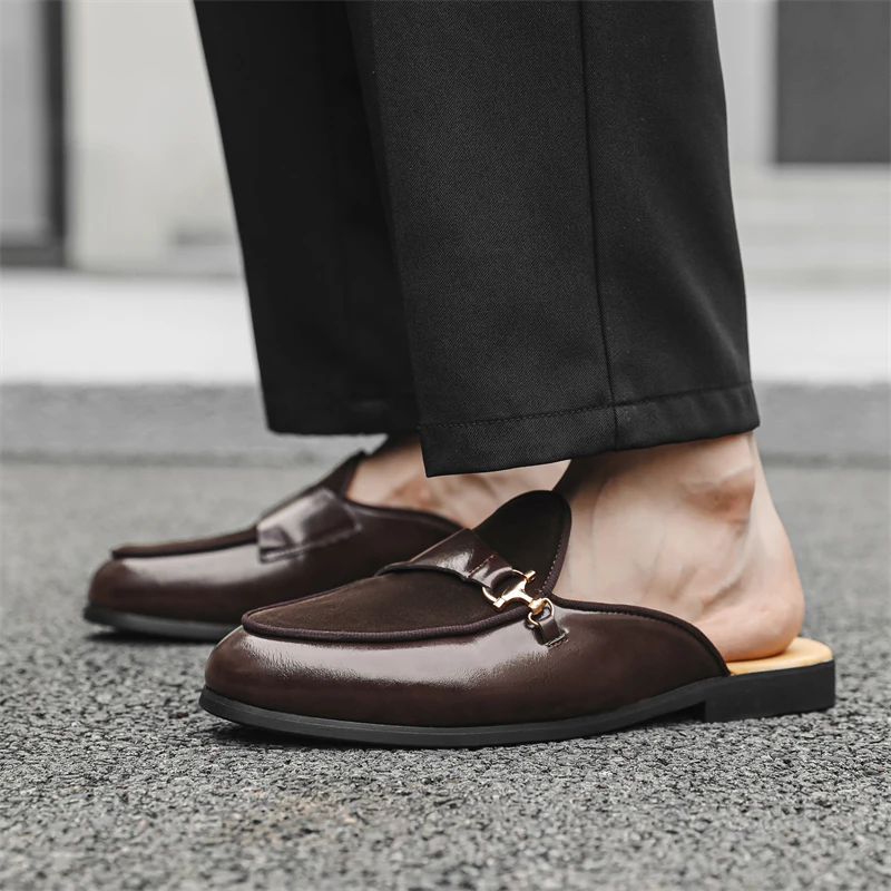 Hight Quality Summer New British Street Style Leather Mules For Men's Black White Hombre Daily Outdoor Dress Slippers Big Size — view 6