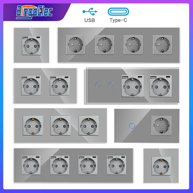 Tomada Usb e Interruptor de Luz Touch Tomadas de Parede 20w tipo c Carga Rápida Moldura de Vidro Padrão ue Dupla Tomada Elétrica 220v
