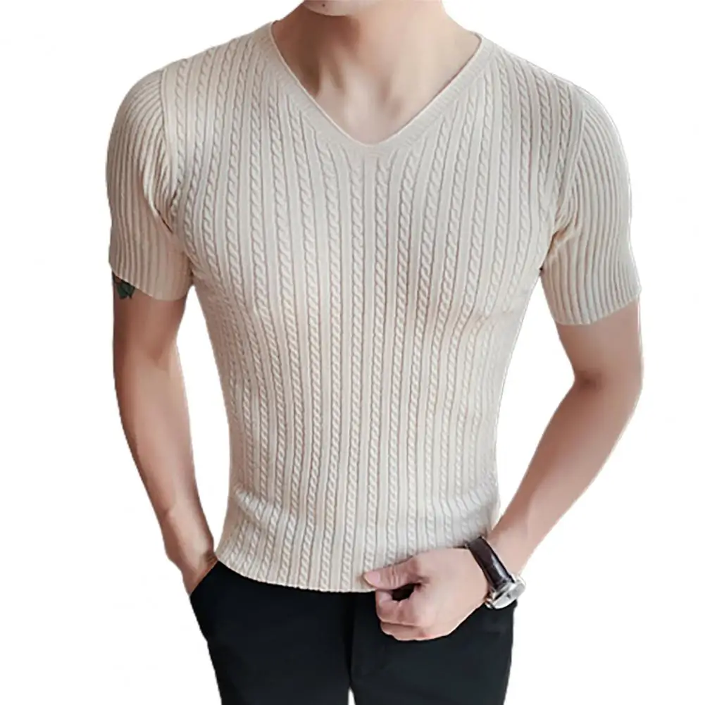 

Autumn Winter New Men V-neck Sweater Solid Vertical Stripes Casual Korean Fashion Slim Short Sleeve Bottoming Knitted Pullovers