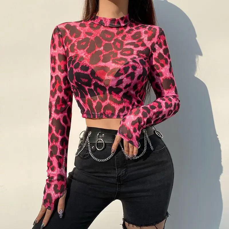 

Fashion Personality Rose Red Leopard Print Women's Long Sleeve T-shirt Thin Sheer Gauze Hottie Sexy Exposed Navel Tight Top