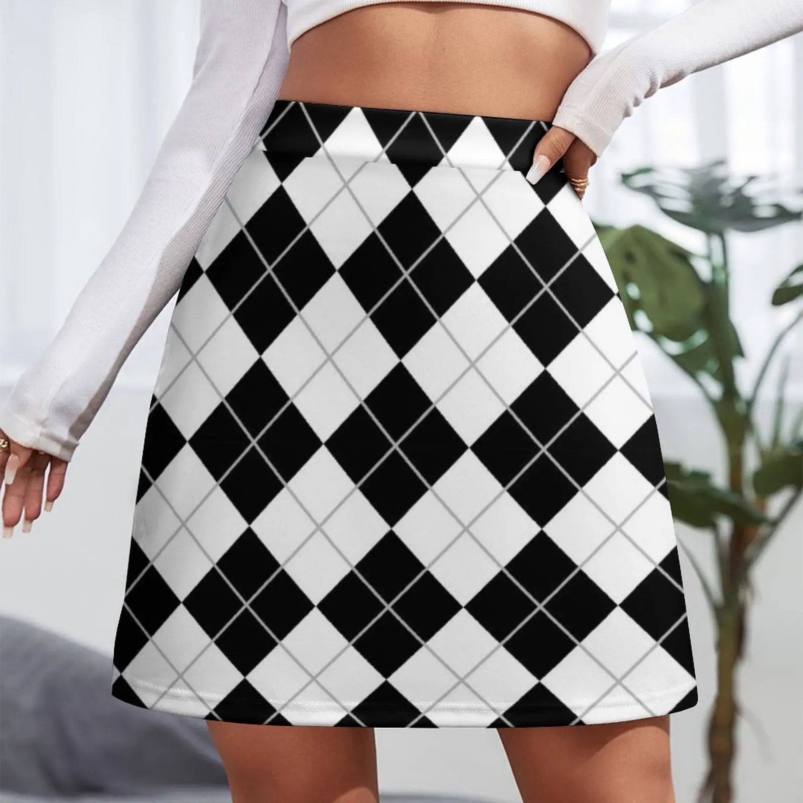 70s Pattern Retro Black and White Argyle Mini Skirt kpop Female clothing Short skirt woman