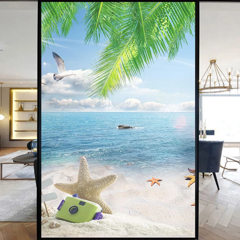 3D Scenery Windows Film Home Decor Summer Ocean Beach Stained Door Glass Stickers Shading Electrostatic Frosted Films