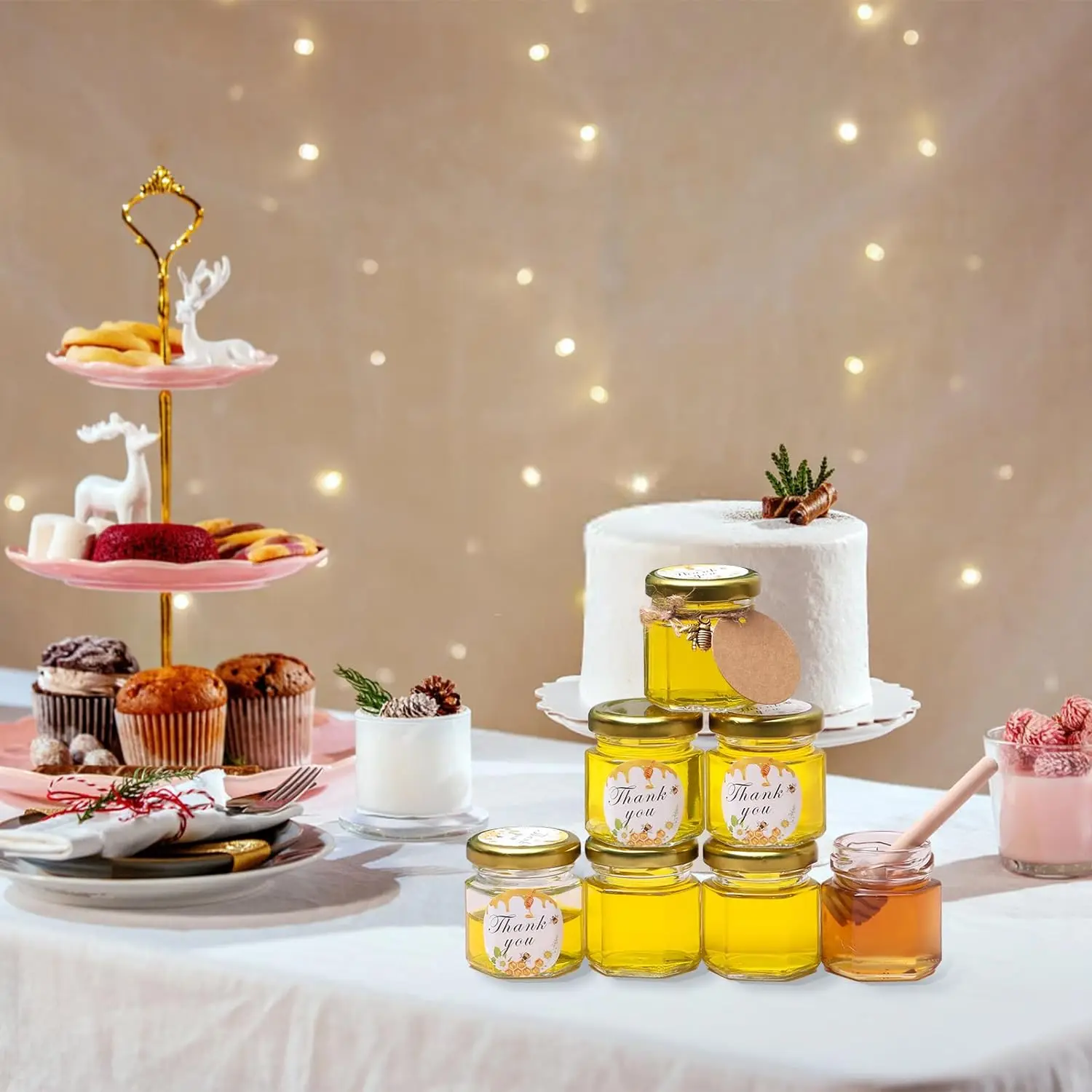 Mini Glass Honey Jar, Small Honey Container with Wooden Dipper, Bee Pendants, Stickers, Dishwasher Safe, Canning Jars 6