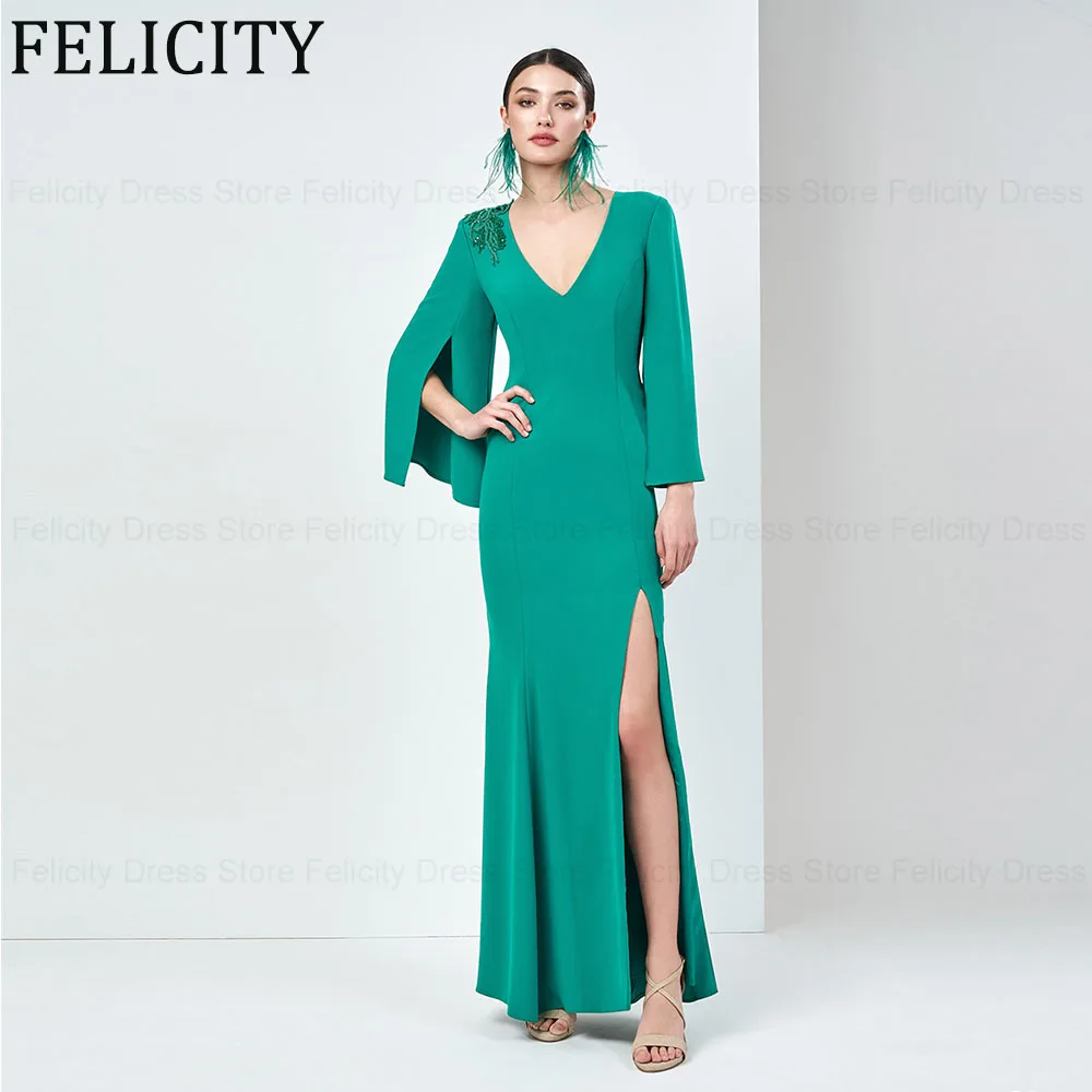 

High Quality Mother of the Bride Dresses 2024 Sheath V-Neck Formal Wedding Guest Dress Applique Beading Front Slit Evening Gowns