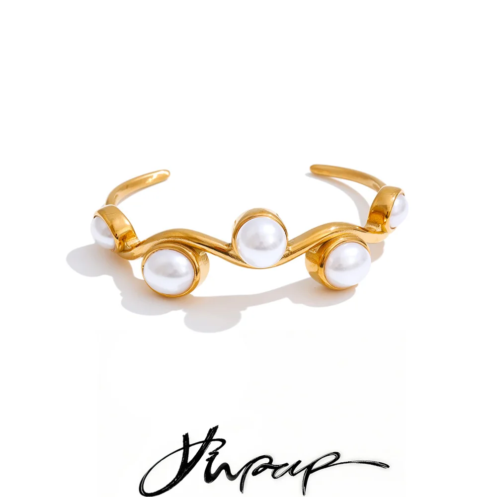 Yhpup 60mm Stainless Steel Simulated Pearls Open Cuff Bracelet