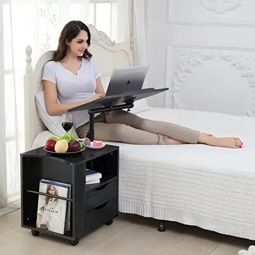 

Multifunctional Height Adjustable Overbed End Table Wooden Nightstand with Swivel Top, Storage Drawers, Wheels and Open Shelf, 3