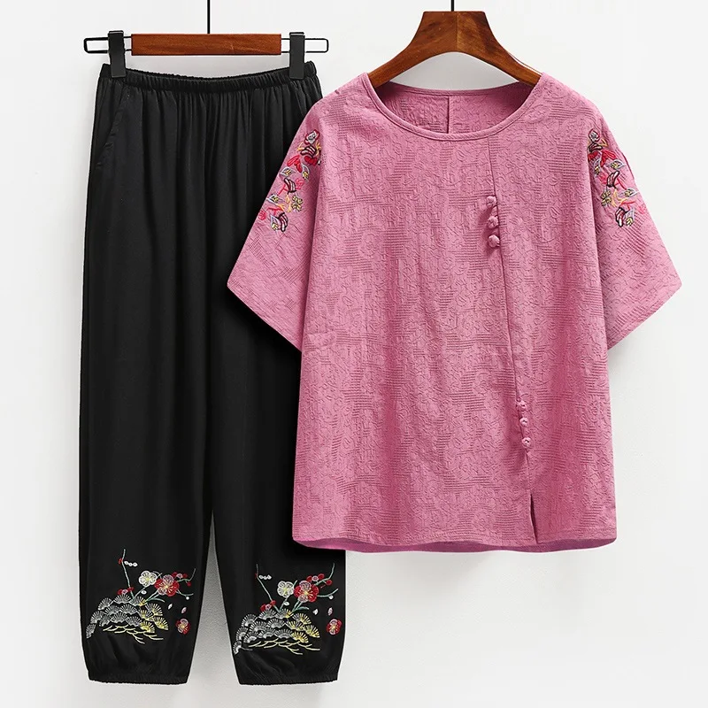 Fdfklak Middle-Aged Elderly Mother Spring Summer Suits Cotton Linen Grandma Short-Sleeve Two Piece Sets Womens Outifits XL-5XL fdfklak