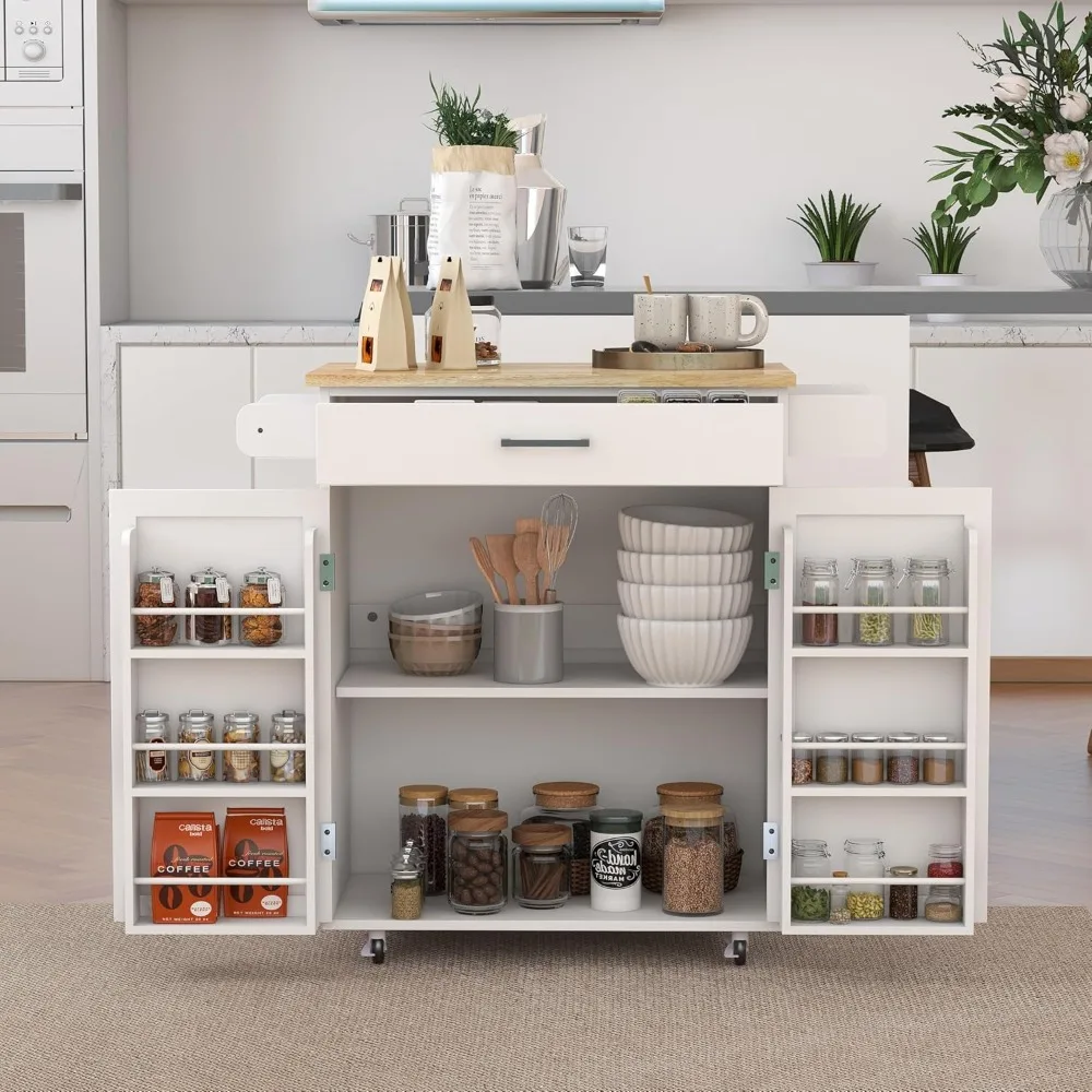 Kitchen Island Rolling Trolley Cart with 1 Drawer & 2 Doors with Storage Racks, Adjustable Shelves, Towel Rack, Seasoning Rack 2