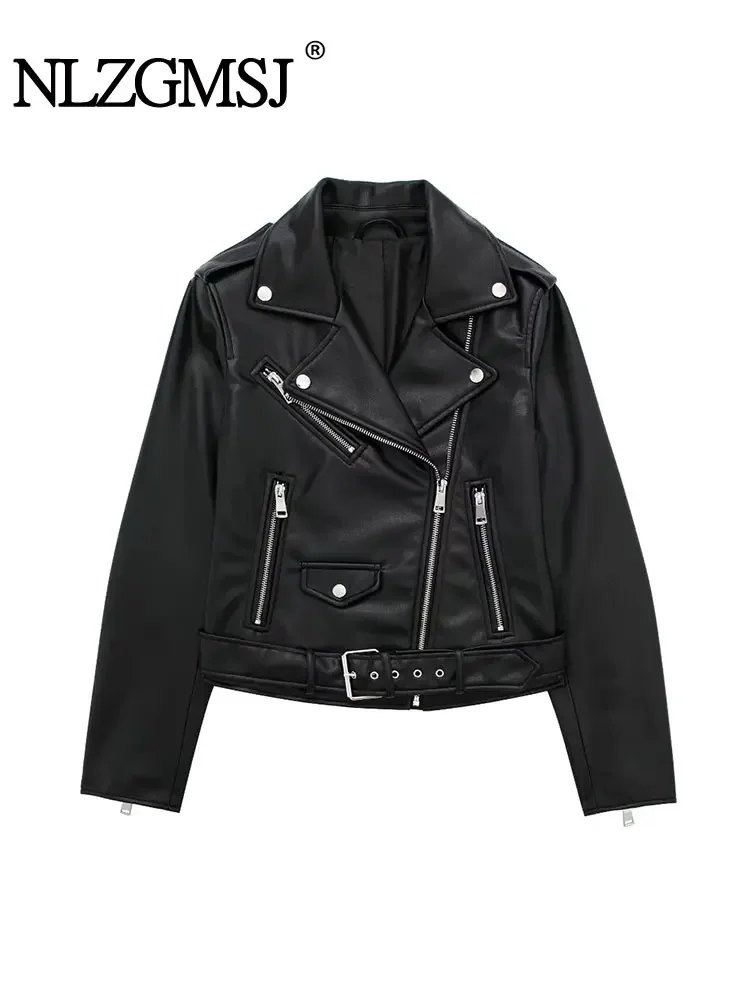

Nlzgmsj TRAF 2023 Woman Pocket Faux Leather Motorcycle Jacket Coats Fashion Zipper Vintage Autumn Winter Causal Slim Tops