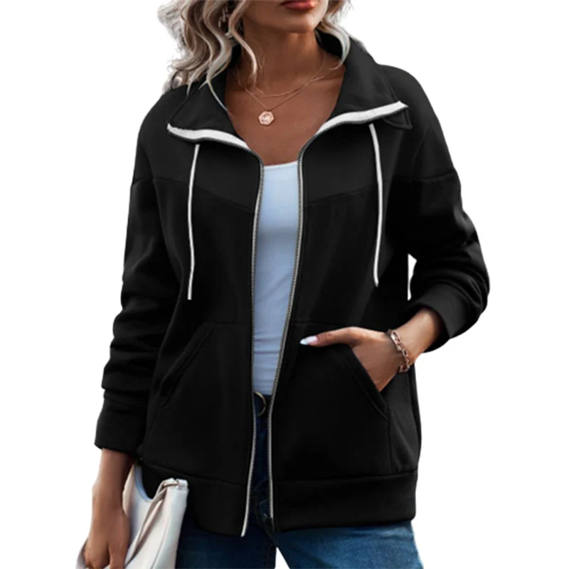 

Autumn Winter Thickened Warm Sweatshirt Women Lapel Drawstring Color Contrast Pocket Hoodie Female Zipper Cardigan Outerwear 5XL