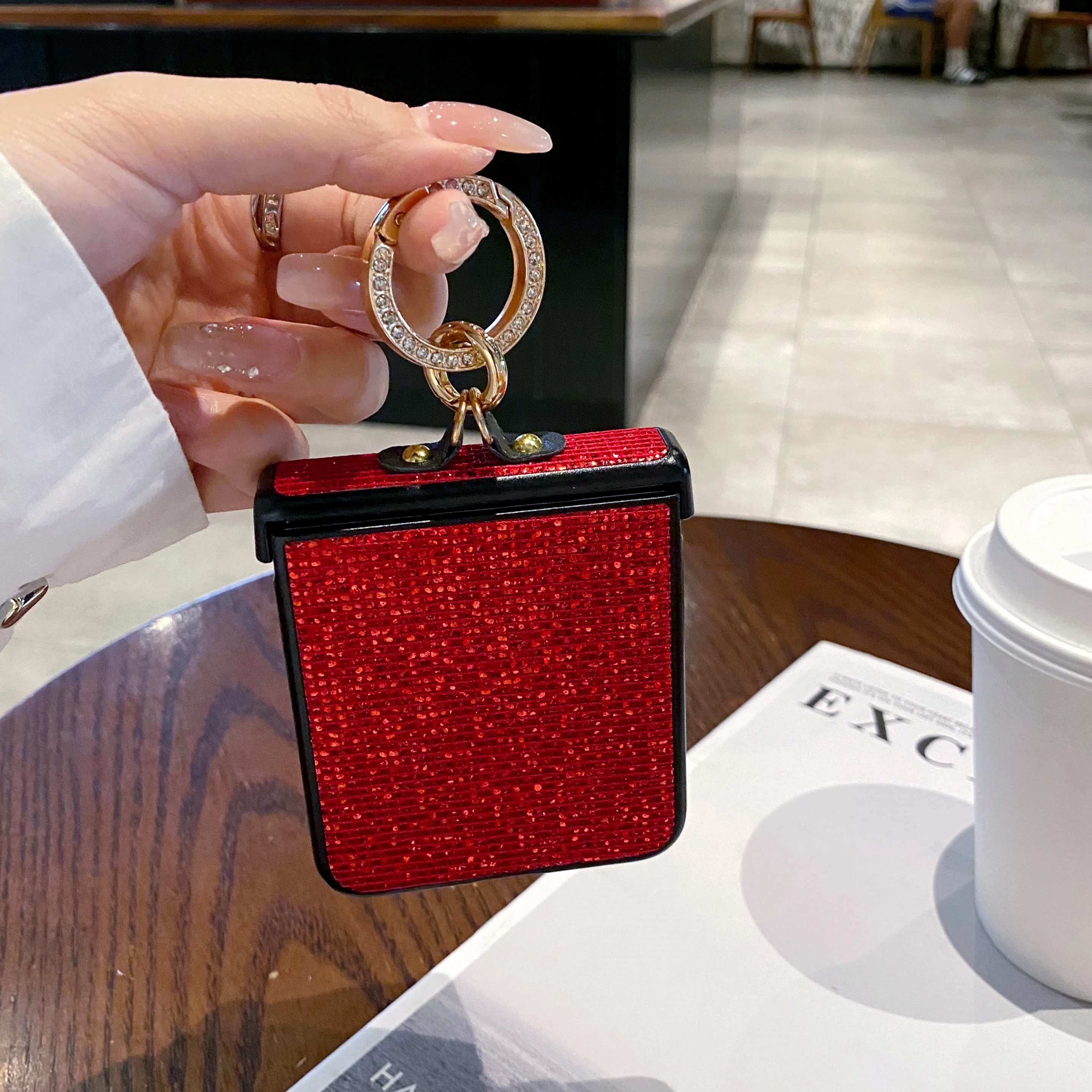 Sparkling Grid Pattern Phone Case with Fashion Faux Diamond Ring Buckle - Hard Shell Design