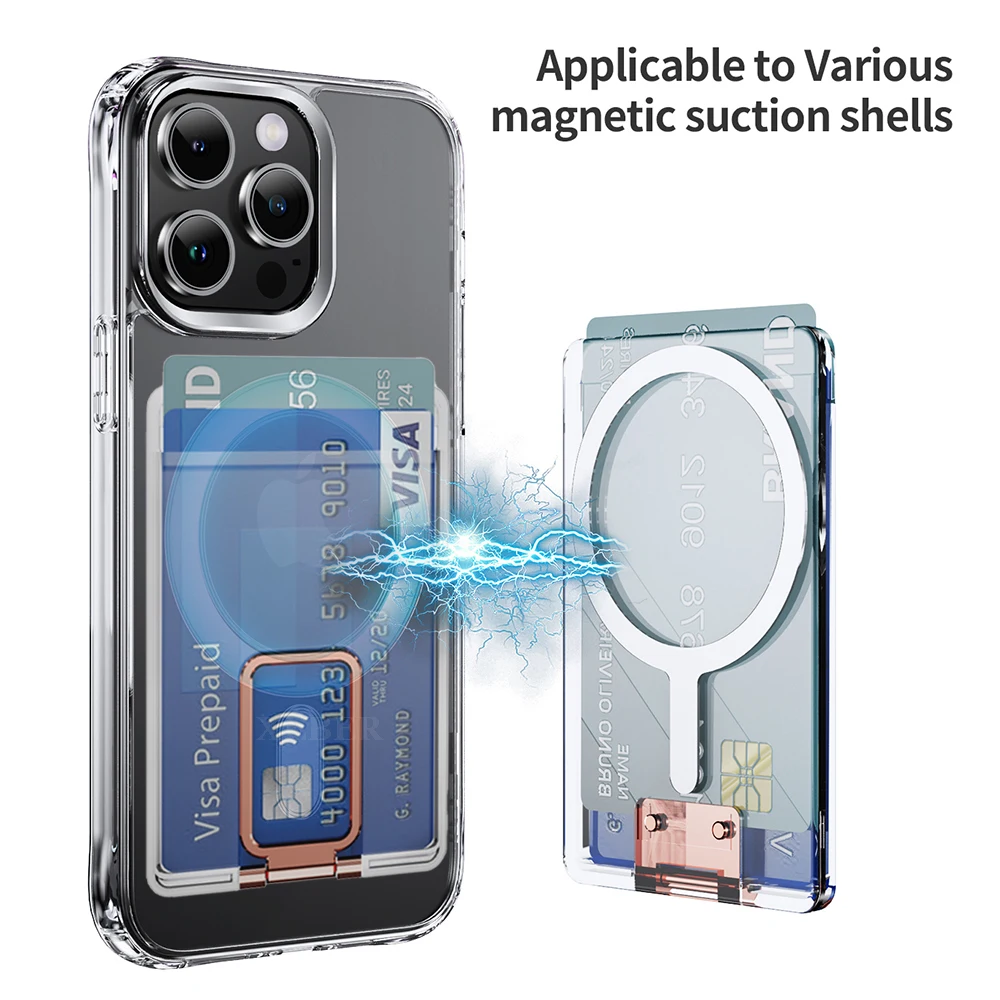 Para Magsafe Wallet funda transparente magnética para iPhone 16 Pro Max imán de adsorción fuerte soporte plegable ranura tarjetero