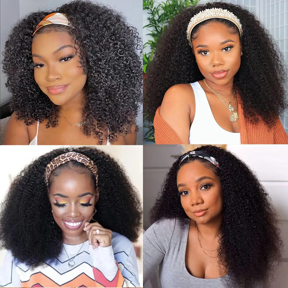 Curly Headband Wigs Human Hair Wigs For Black Women Scarf Machine Made Wig 34Inches 180% Brazilian Remy Human Hair Headband Wig
