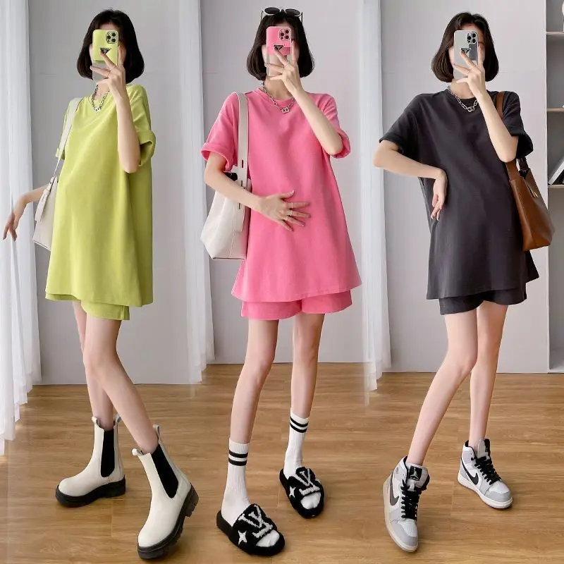 여름 임산부 정장 출산 의류 정장 캐주얼 반팔 + 반바지 패션 솔리드 느슨한 임신 옷 겉옷