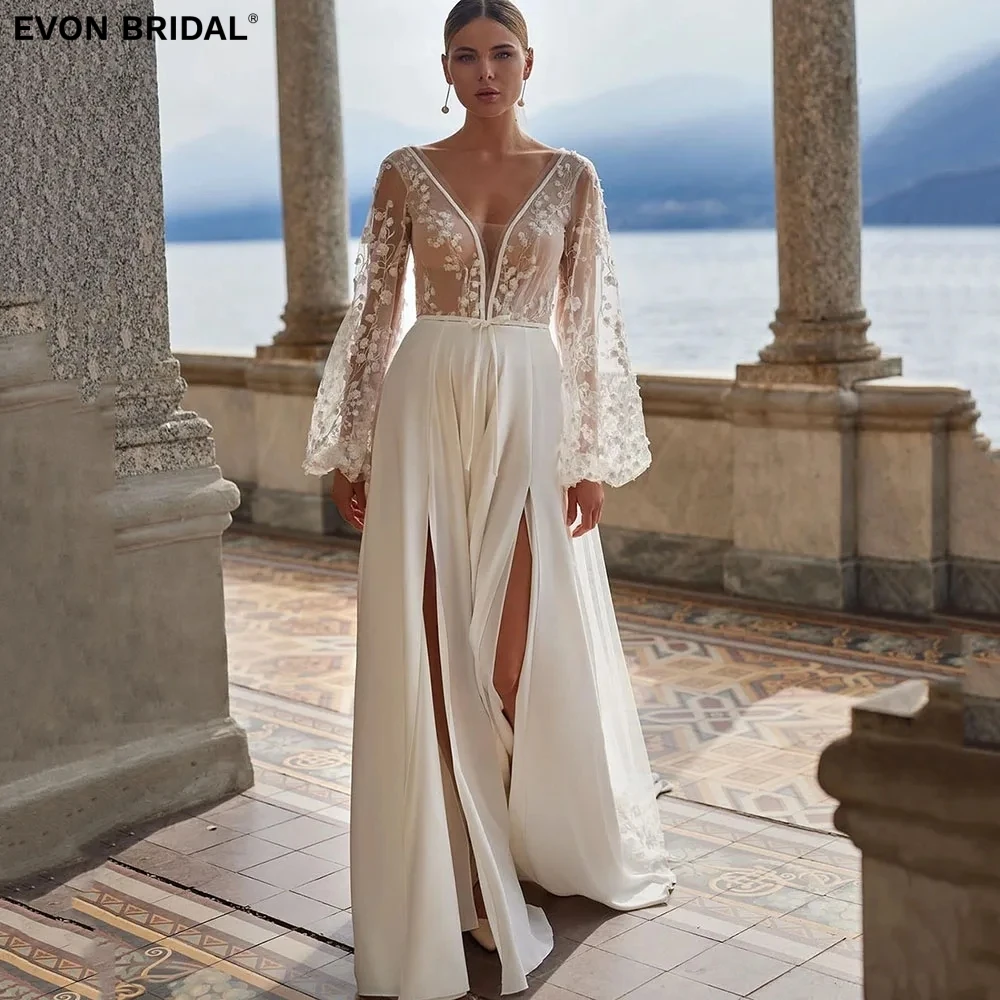 

EVON BRIDAL Simple Deep V Neck Long Sleeves A Line Wedding Dresses for Women Floor Length Backless Lace Appliques Prom Dresses