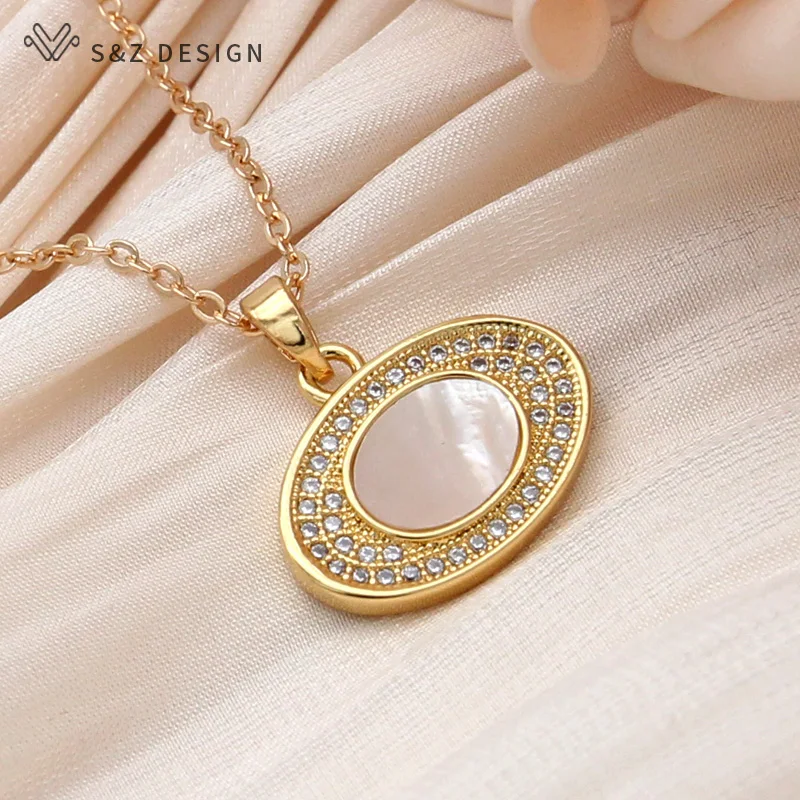 S&Z DESIGN New Fashion Gold Color Egg Shape Oval Shell Pendant Necklace For Women  Wedding Party Cubic Zirconia Jewelry Gift