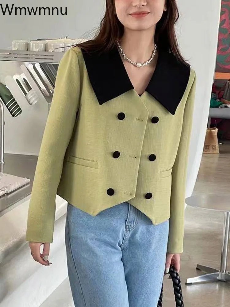 

Fashion Women Streetwear Elegant Casacos Korean Double Breasted Short Slim Doll Collar Coats Spring Vintage New Casual Jackets