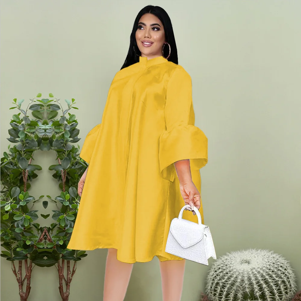 

Women's Dresses New Loose Solid Color Round Neck Flare Sleeve Single Breasted Loose S-xxxl Large Womens Dress Party Dresses