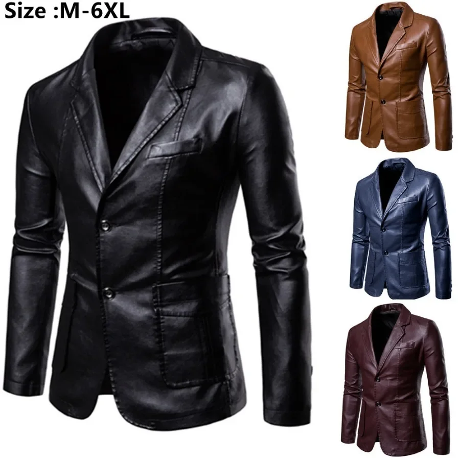 2024 Men's Leather Suits Jackets Blazers Slim Fashion Male PU Leather Overcoats Blazers Jackets Coats Oversized Leather Jacket navy blue velvet men suits smoking wedding groom tuxedo shawl lapel tailored male blazers 3piece slim fit jacket pants vest prom