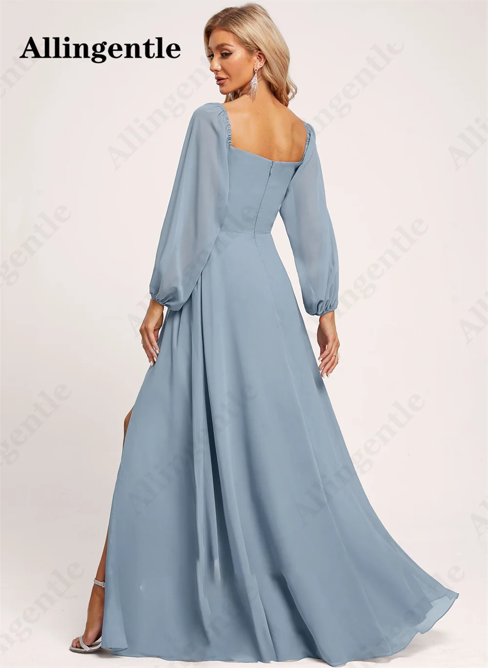Allingentle Dusty Blue Chiffon Bridesmaid Dresses for Wedding Full Sleeves A-Line Sweetheart Evening Gown with Slit Floor Length