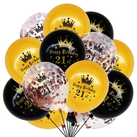 

15pcs Black Gold Crown Happy Birthday Confetti Latex Balloons 16 18 21 30 60th Year Birthday Party Decorations Adult 50 Birthday