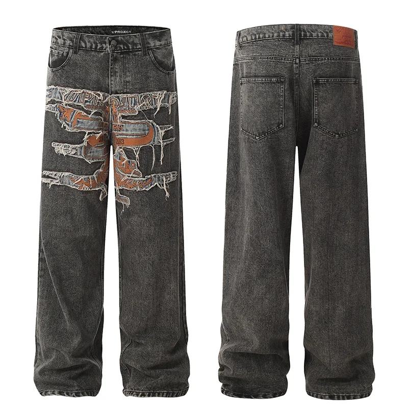 24FW Heavy Fabric Y/PROJECT Jeans Men Women High Street Vintage Washed Black Patch Embroidery Denim Pants Oversized Trousers 4