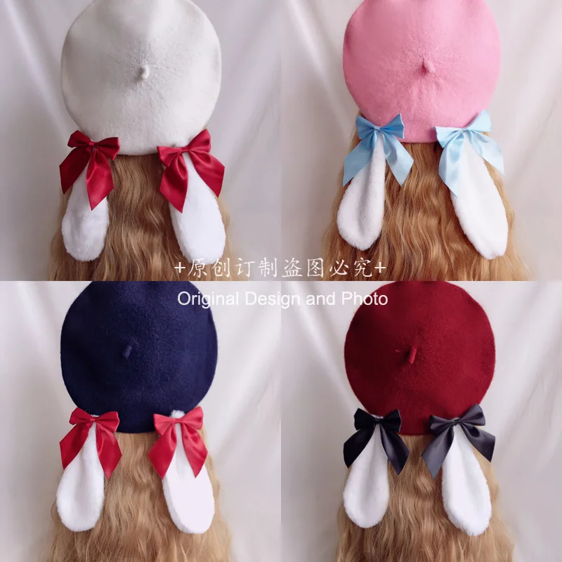 

Bunny hat lolita hat Japanese cute girl cartoon bow tie hat woolen sweet beret bunny ears