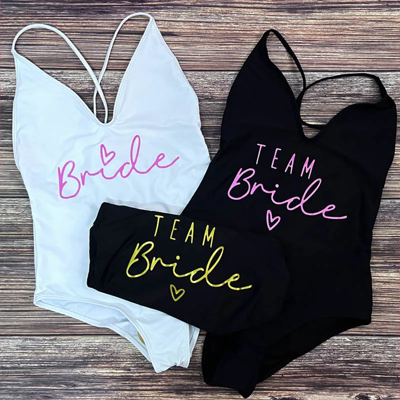 S-3XL Sexy Padded Team Bride One Piece Swimsuit Bride Swimwear Women Gold Pink Print Summer Bathing Suit Cross Back Beachwear 1