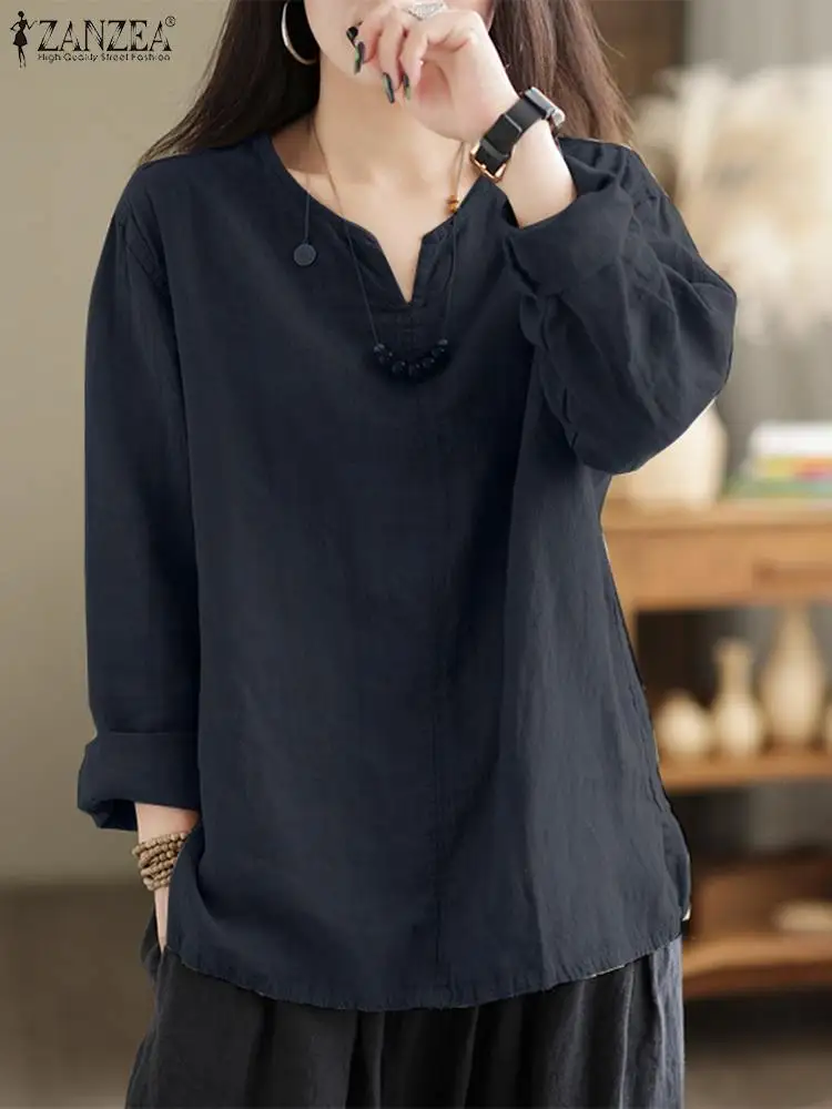 

ZANZEA Spring Fashion Shirt Vintage Women's Blouse Female V-Neck Long Sleeve Solid Color Chemise Casual Elegant Loose Tops 2023