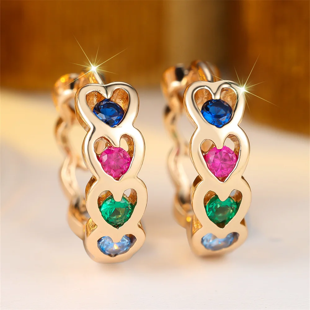 Single Row Love Heart Rainbow Crystal Hoop Earrings For Women Vintage Gold Silver Color Ear Buckle Wedding Jewelry Bridal Gifts
