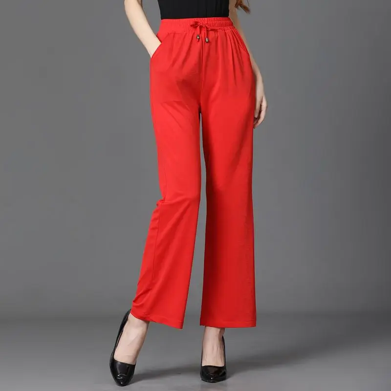 여성용 단색 와이드 레그 팬츠, 얇은 신축성 레이스업 하이 웨이스트, 루즈 캐주얼 스트레이트 팬츠, 한국 패션, 봄 여름, 5XL, 신상