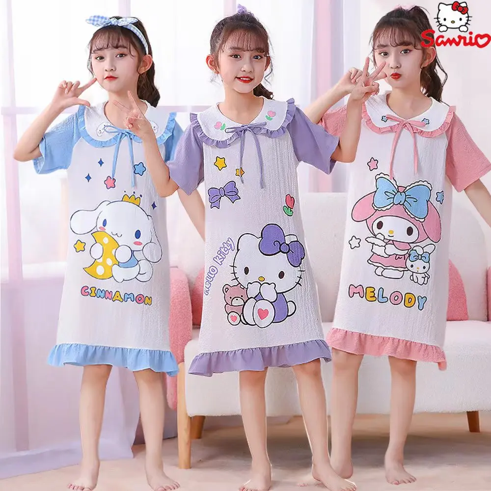

Sanrio Hello Kitty Nightdress Kawaii Kuromi Cinnamoroll Children Cute Summer Pajamas Dress Anime Short Sleeve Home Clothes Gift