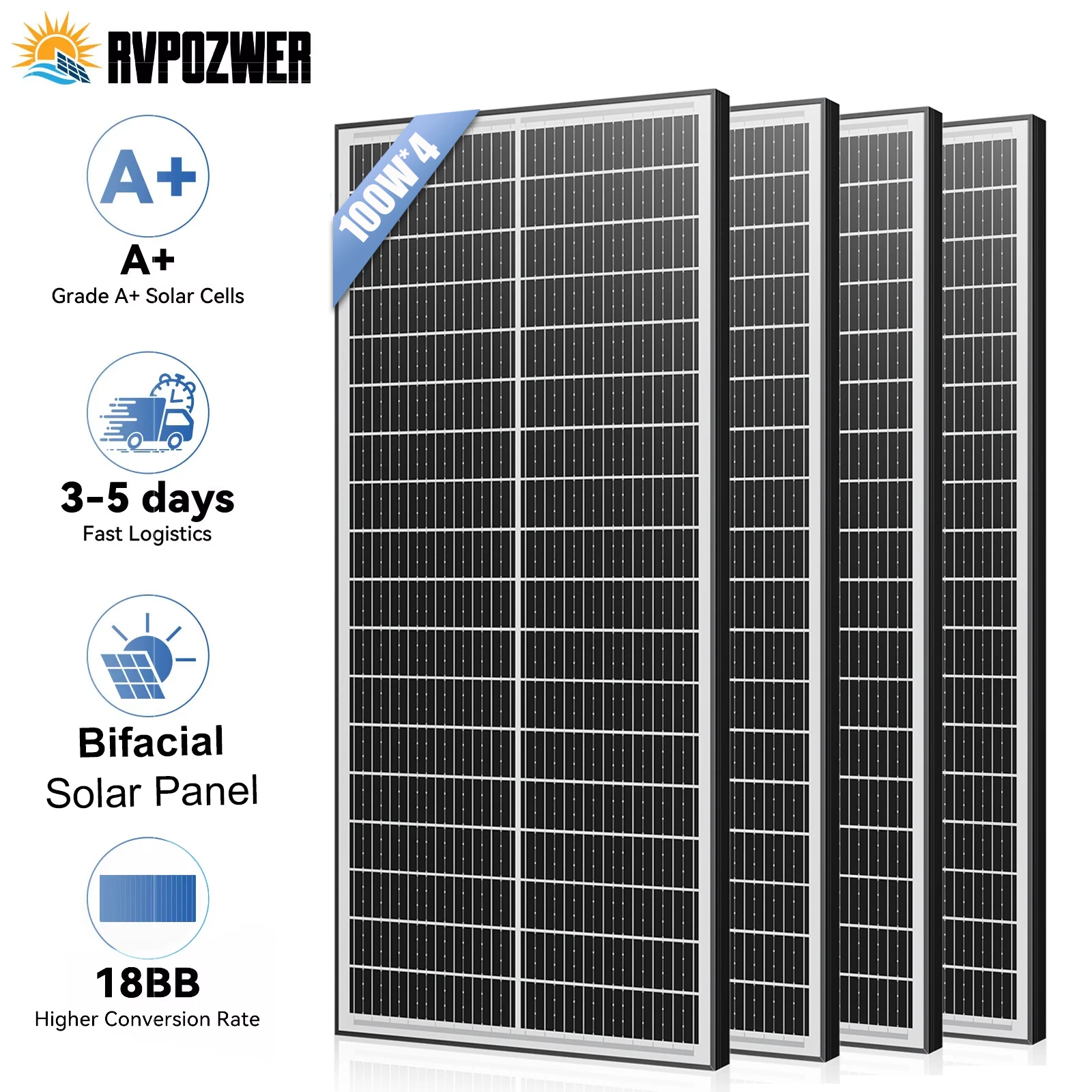 Panneaux solaires RVPOZWER 400W/200W/100W 12V double face monocristallins à haute efficacité 25,5% avec cellules 18BB pour toiture résidentielle 1 Panneaux solaires RVPOZWER 400W/200W/100W 12V double face monocristallins à haute efficacité 25,5% avec cellules 18BB pour toiture résidentielle 1