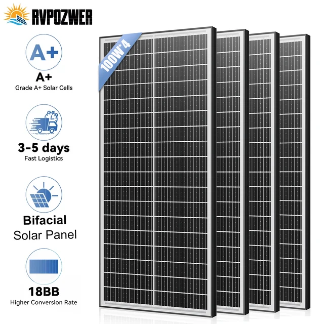 Panneaux solaires RVPOZWER 400W/200W/100W 12V double face monocristallins à haute efficacité 25,5% avec cellules 18BB pour toiture résidentielle 1
