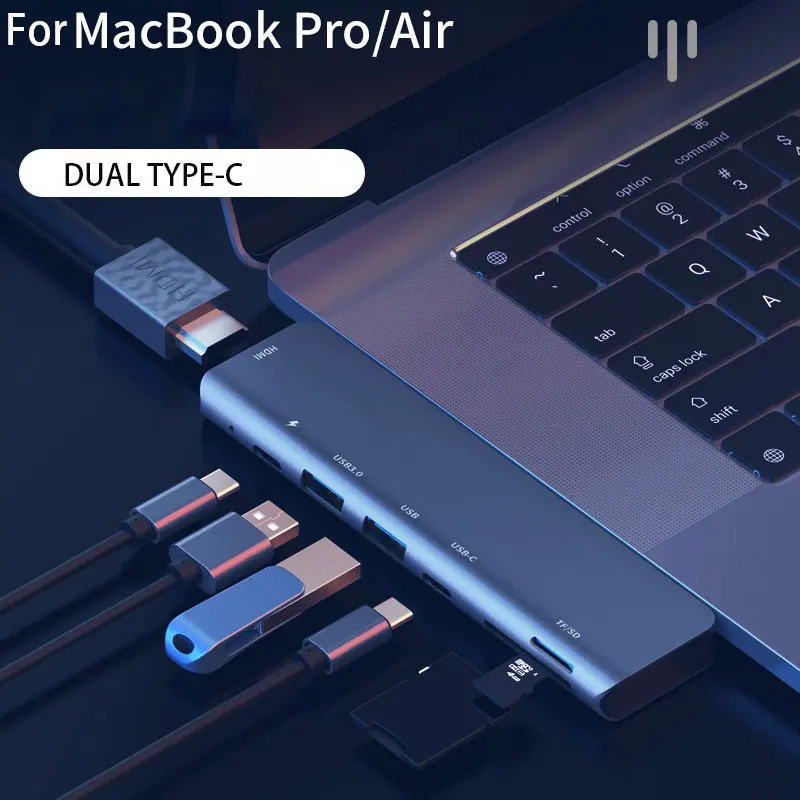 

Адаптер для быстрой зарядки MacBook Air/Pro, хаб с двумя портами типа C и 4K HDMI USB 3,0, устройство для чтения TF/SD-карт, Thunderbolt 3