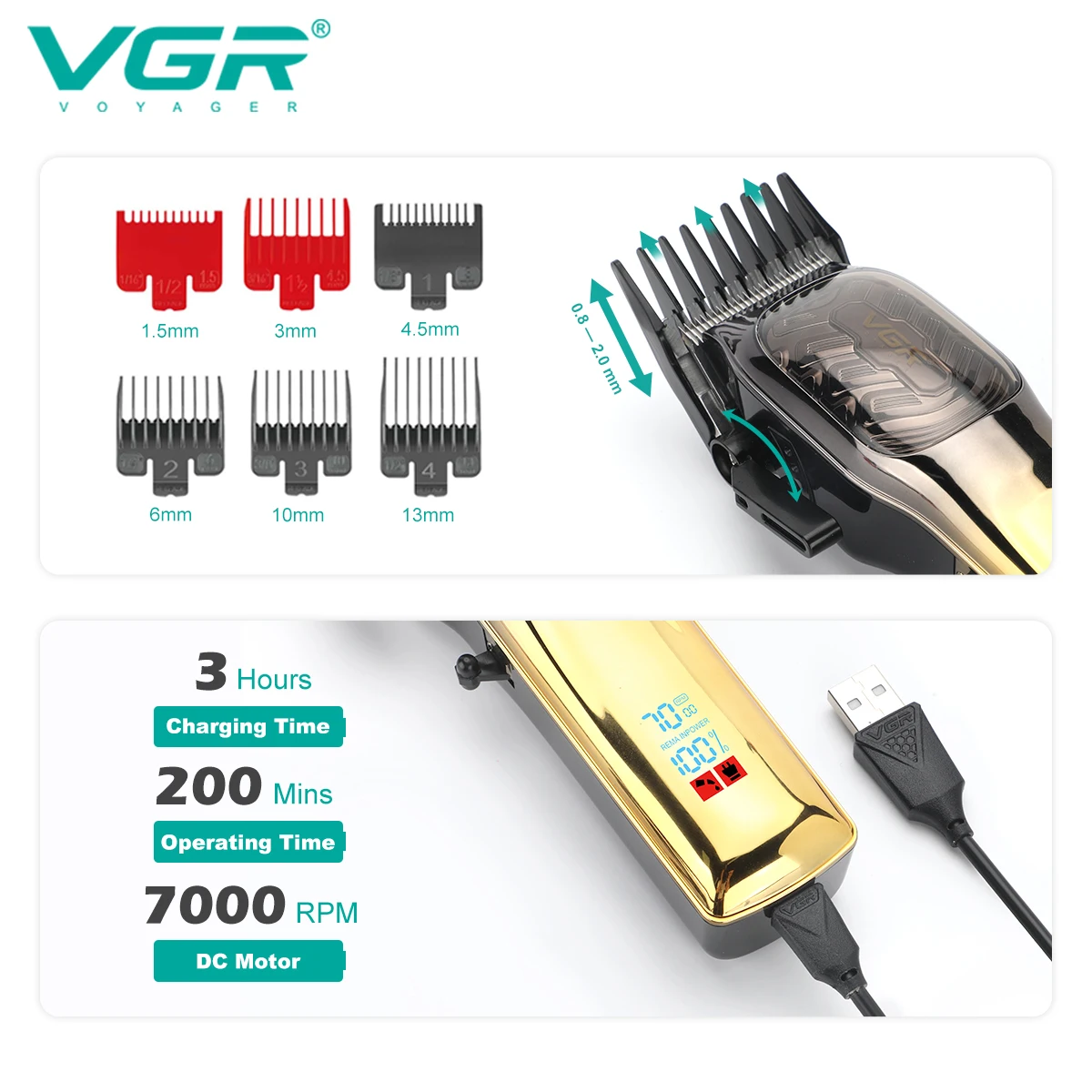 VGR 654 ماكينة تشذيب الشعر الاحترافية USB ماكينة ق...