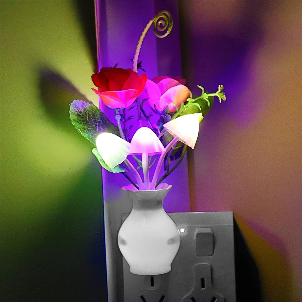 

0.5w Led Night Light With Auto Sensor Energy Saving Rose Flower Mushroom Plug In Lamp For Bedroom Bathroom Living Room Kitchen