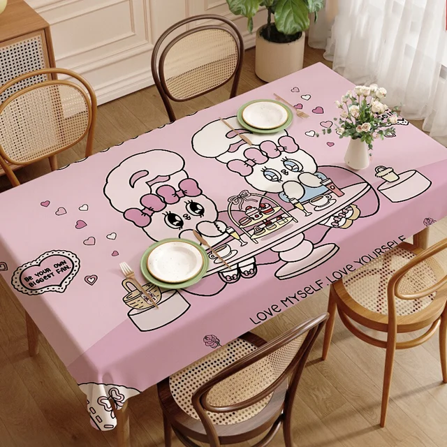 E-Esther B-Bunny Cartoon Tablecloth Tea Coffee Table Cloth Waterproof Cloth Wall Stove Rack Rectangular Wedding Banquet Home 6