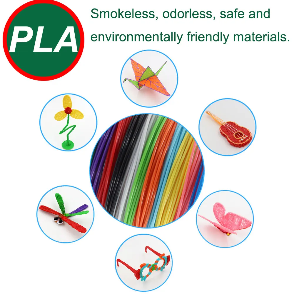 Filamento PLA colorido para material de impressão de caneta 3D 1,75 mm de diâmetro 10/20/30 cores 100M 150M 200M Incolor e inodoro Seguro e ecologicamente correto Consumíveis de caneta de impressão 3D para crianças