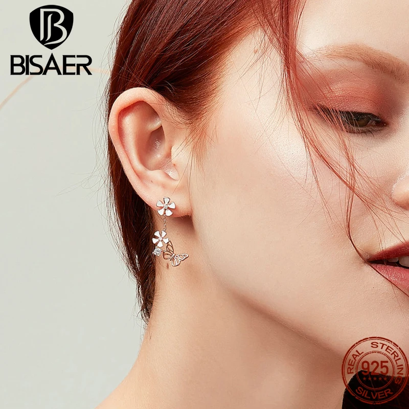 BISAER 나비 & 꽃 쥬얼리 세트 목걸이 귀걸이 도금 로즈 골드 여성을위한 우아한 파인 쥬얼리 선물