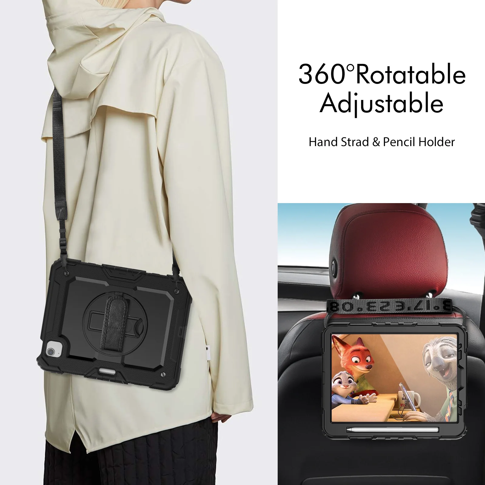 Shockproof Tablet Case with Screen Protector and 360° Rotating Hand Strap, Featuring Pencil Holder