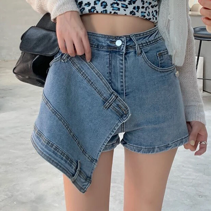 

Irregular Design High Waisted Denim Short Skirt Women's 2024 New Anti Glare A-line Wrapped Hip Short Skirt Trend