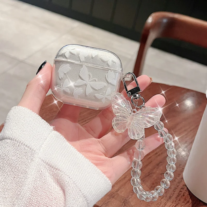 thumbnail image 1 of Crystal Butterfly Pendant Bead Bracelet Earphone Case For Apple Airpods 4 3 2 For Airpods Pro/ Pro2 Earphone Case With Keychain, 1 of 3