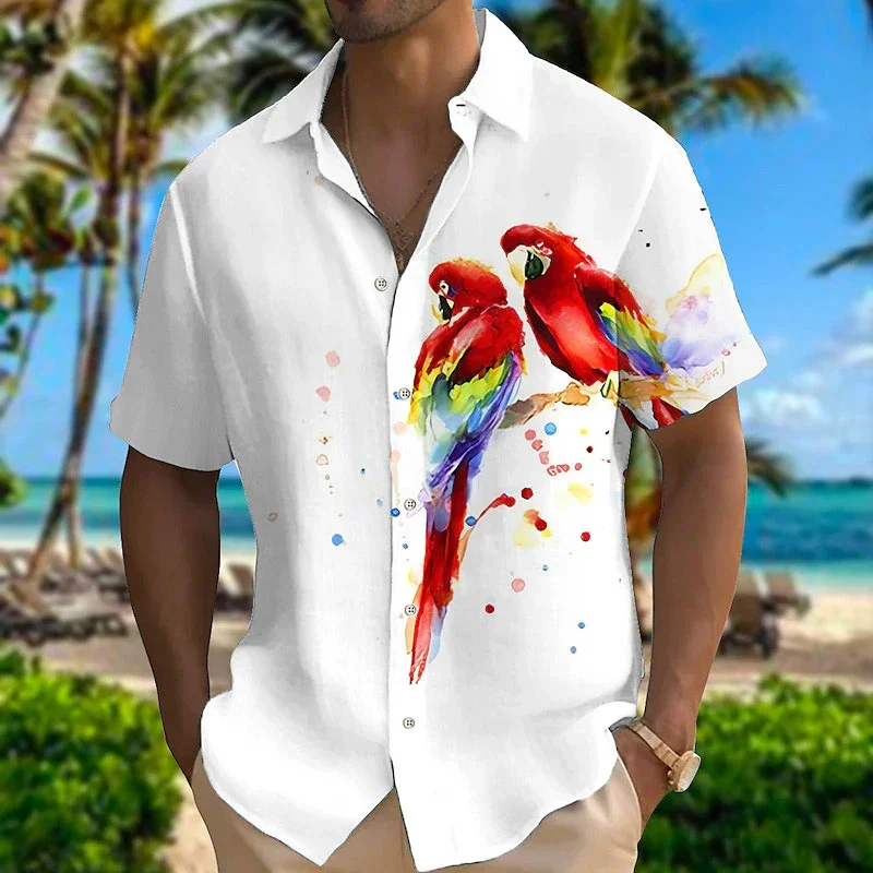 2023 NEW Spring and Autumn 3D color splash parrot print men's long-sleeved shirt solid color stand collar casual style plus size