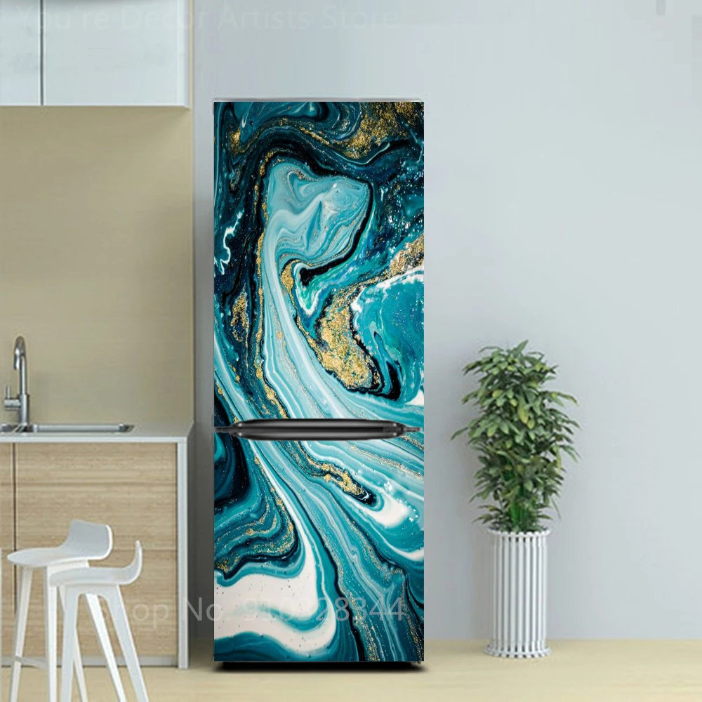 Film Adhésif Décoratif Pour Frigo – Vert Sarcelle, Beige, Or – Motif Abstrait – Réversible