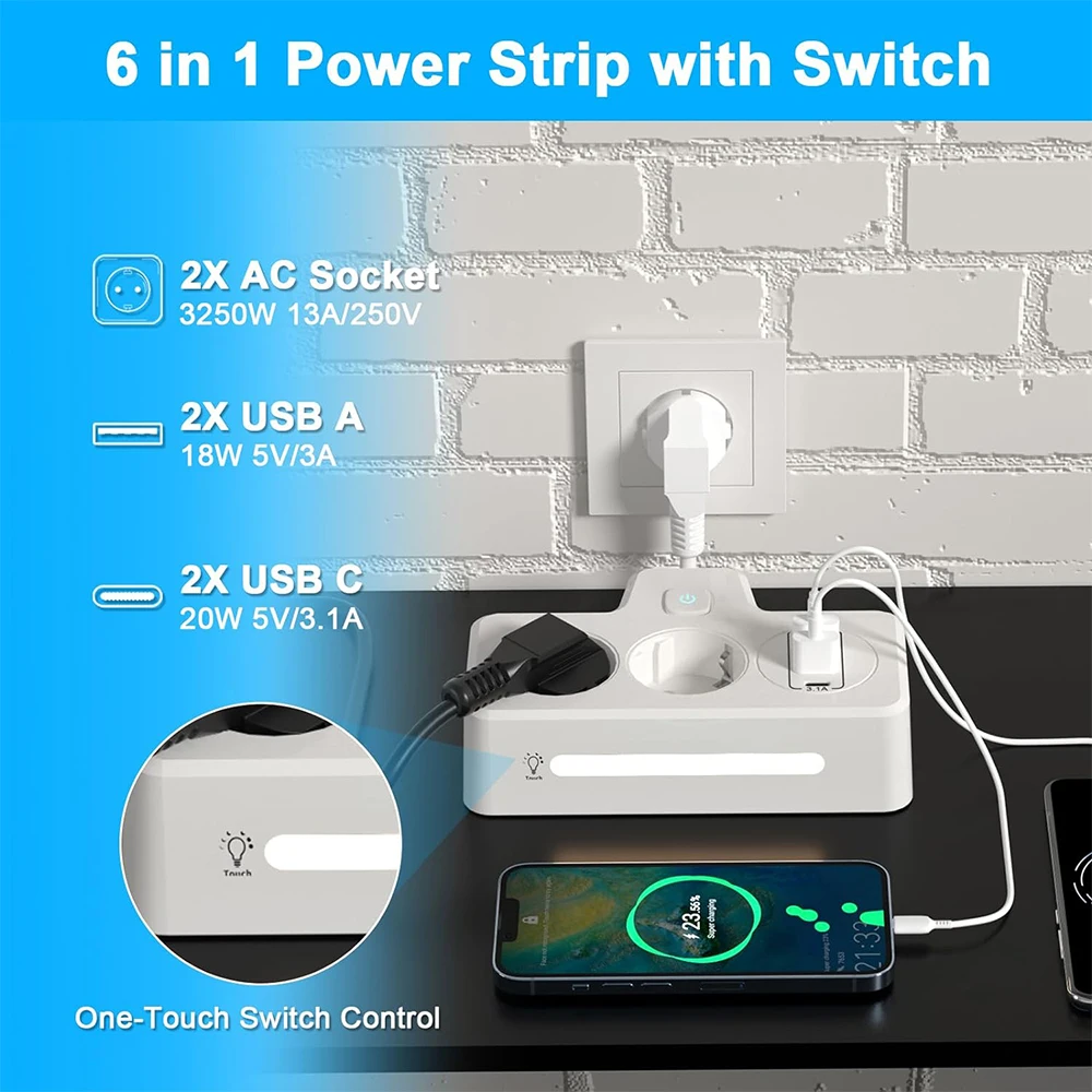 Power Strip 2 Way 2 USB 2Type C USB Multiple Socket Wall Socket Adapter LED Multiple Plug For Office Home Travel