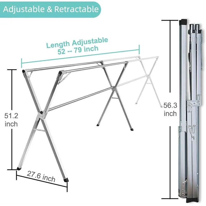 Clothes Drying Rack, 79 inch Heavy Duty Stainless Steel Laundry Drying Rack, Foldable &Length Adjustable Space Saving 2